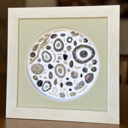 Cuadro decorativo antracita con fragmentos marinos auténticos en tonos grises